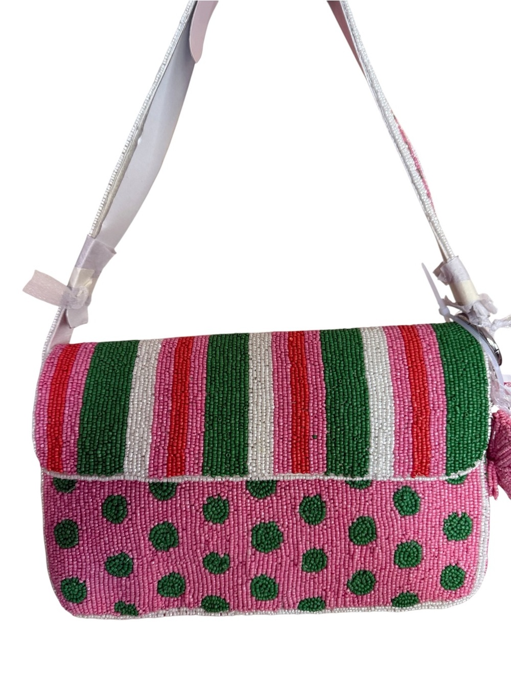Handmade Pink Beaded Shoulder Bag with Green Polka Dots and Charm NWT